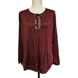 Faded Glory Burgundy Plisse Semi Sheer Embroidered Top Size S Boho